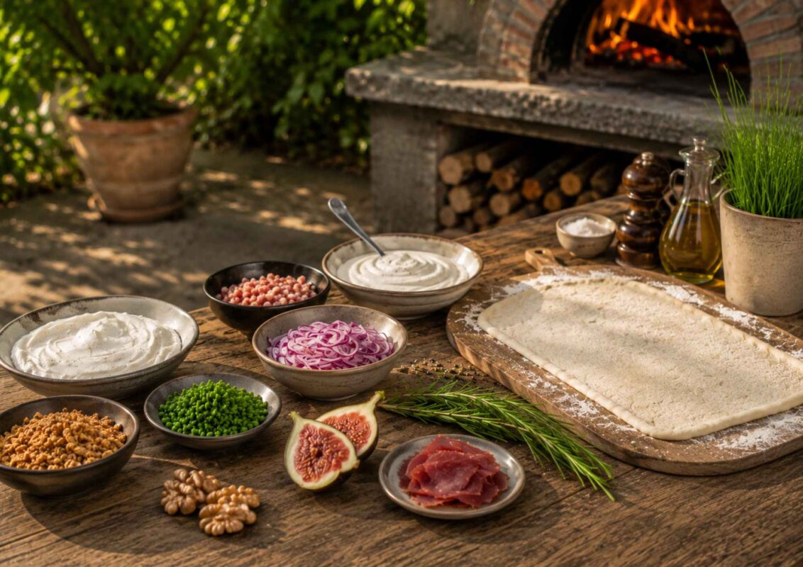 Zutaten für selbstgemachten Flammkuchen mit Rehschinken: Schmand, rote Zwiebeln, Speck, Schnittlauch, aufgeschnittenen Wild Schinken, Feigen, Walnüsse. 