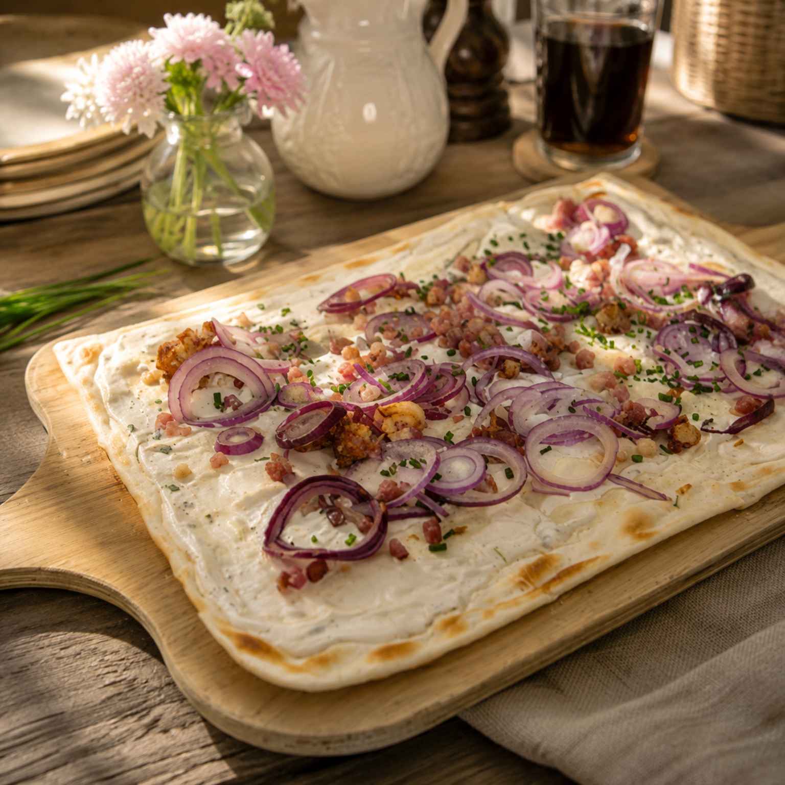 selbst gemachter Flammkuchen mit Reh Schinken auf einem Holzbrett auf einem sommerlichen Gartentisch