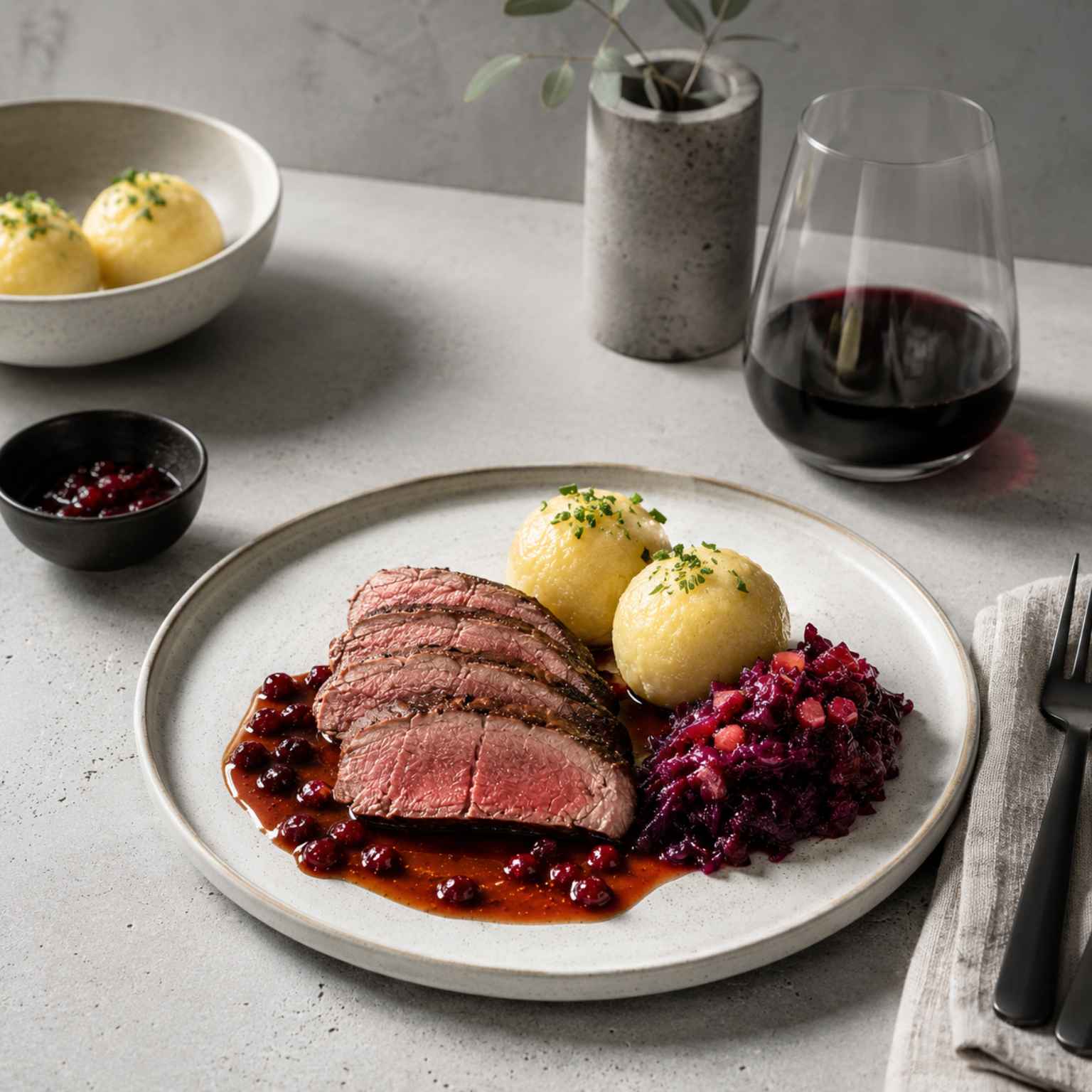 Reh Rücken Filet mit Knochen angerichtet auf einem Teller mit Kartoffelknödeln, Rotkohl und Preiselbeersauce