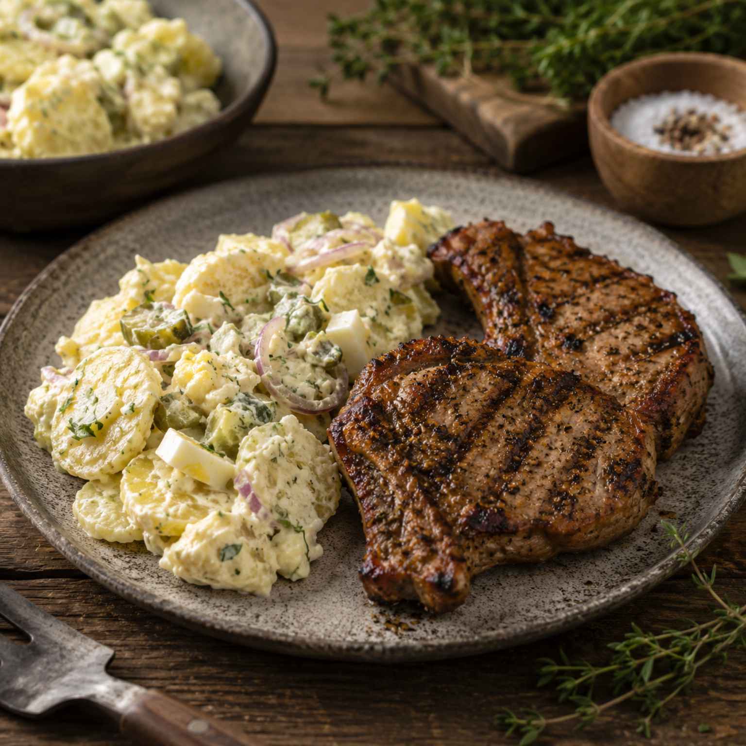 Gegrilltes Wildschweinkotelett mit Kartoffelsalat auf einem Steinguteller, daneben Thymian und Pfeffer