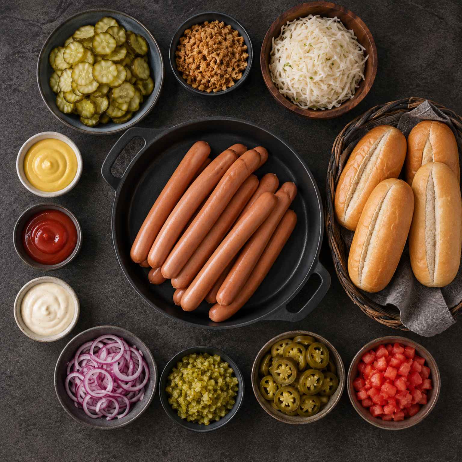 Wild Hot Dog selber machen - mit Wild Wienern, Hot Dog Brötchen, diversen Saucen wie Ketchup, Mayo, BBQ Sauce, und unterschiedlichen Toppings wie sauren Gurken, Jalapenos, Zwiebeln, Sauerkraut