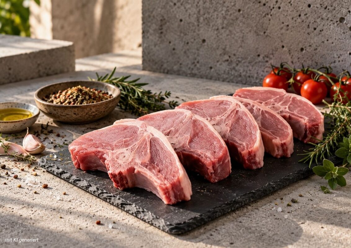 Wildschwein Steaks aus weidgerechter Jagd auf einer Schiefertafel mit frischen Kräutern und Gewürzen und Rispentomaten