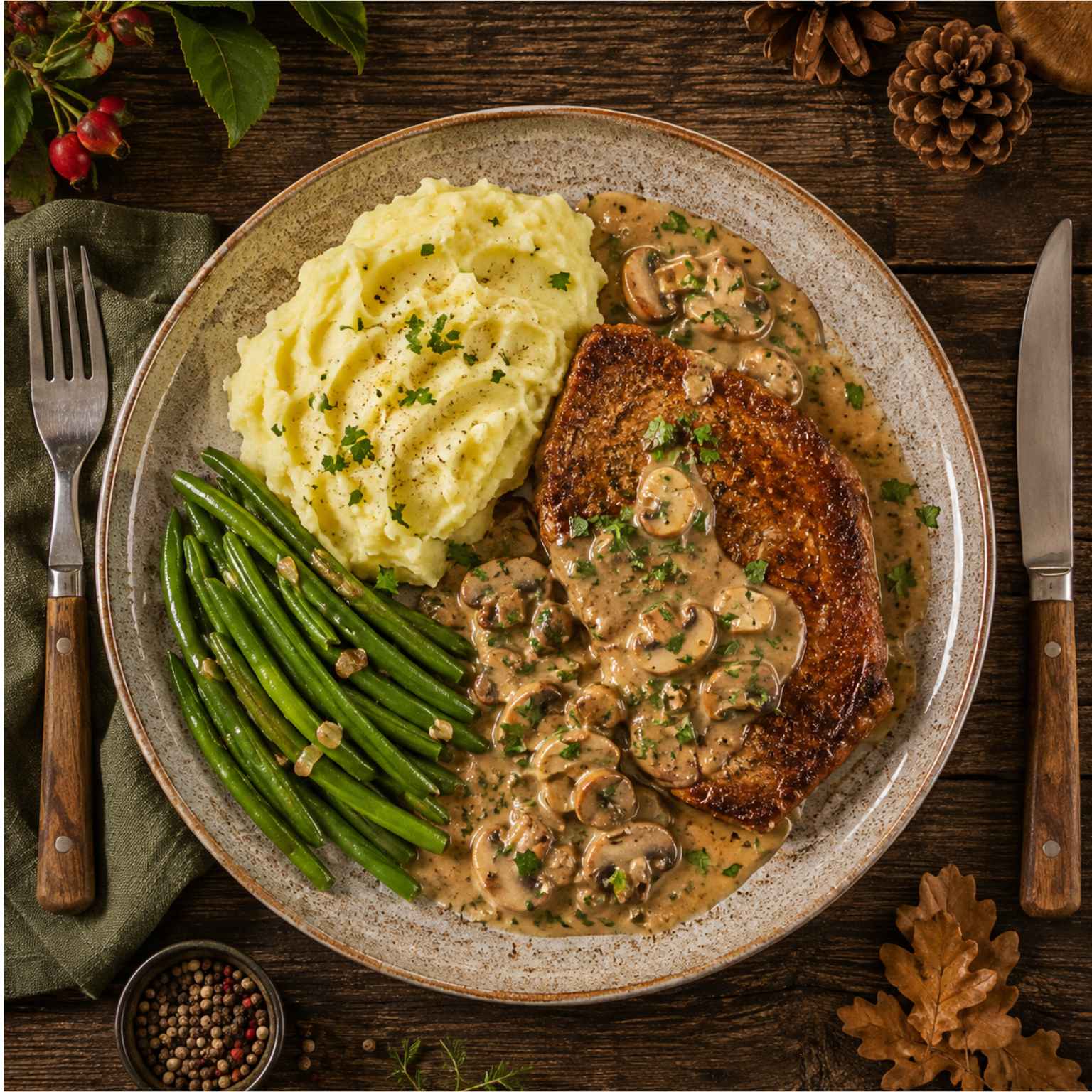 Wildschwein-Schnitzel natur mit cremiger Pilzsoße, Kartoffelpüree und grünen Bohnen