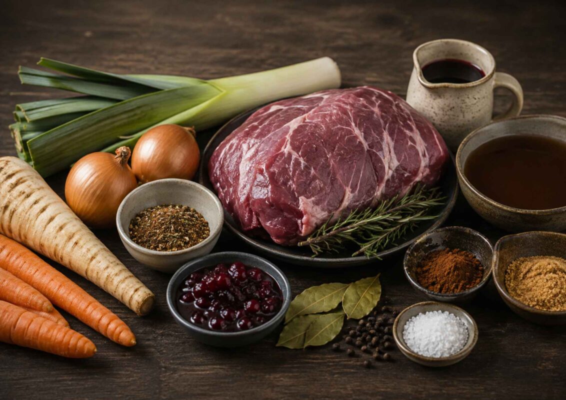 Zutaten für Rehkeule mit Bratensoße – Rehfleisch, Wildfond, Rotwein, Wildschweinspeck und Wurzelgemüse