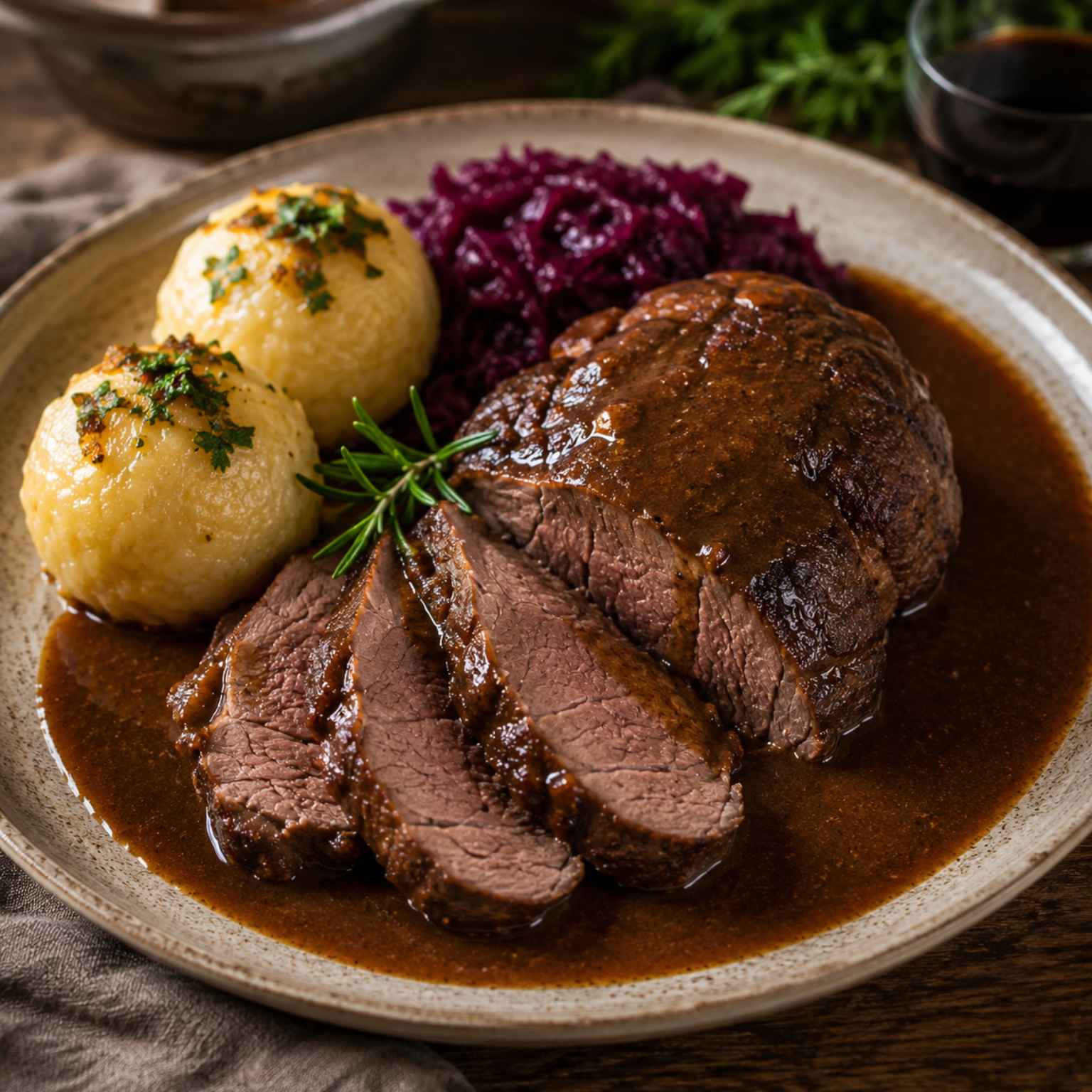 Zart geschmorte Rehkeule mit selbst gemachter Bratensoße, Kartoffelklößen und Rotkohl