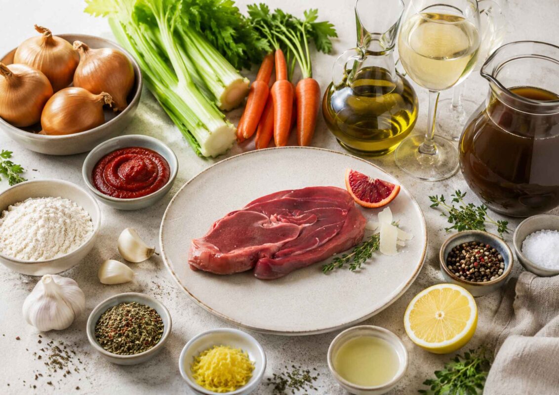 Zutaten für Hirsch-Ossobuco mit Beinscheiben vom Hirsch, Möhren, Staudensellerie, Zwiebeln, Weißwein, Wildfond und frischer Zitrone