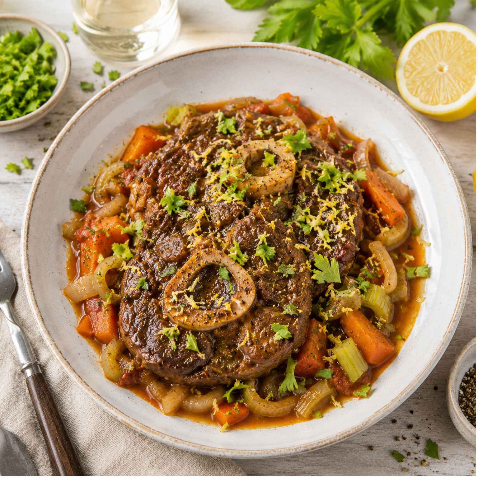 Geschmorte Hirsch-Ossobuco-Beinscheiben mit Möhren, Staudensellerie und frischer Zitrone in aromatischer Wildfondsoße