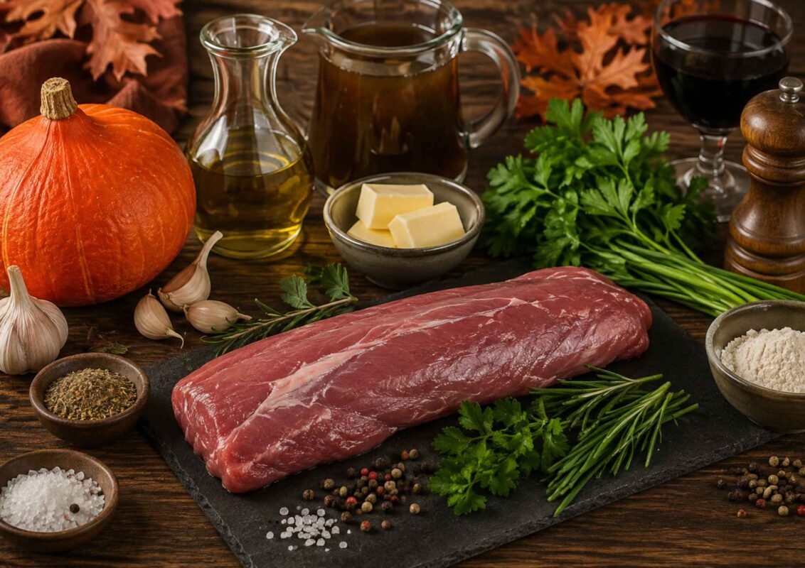 Zutaten für Wildschweinfilet im Kräutermantel mit Hokkaido-Kürbis, frischen Kräutern, Wildfond und Gewürzen