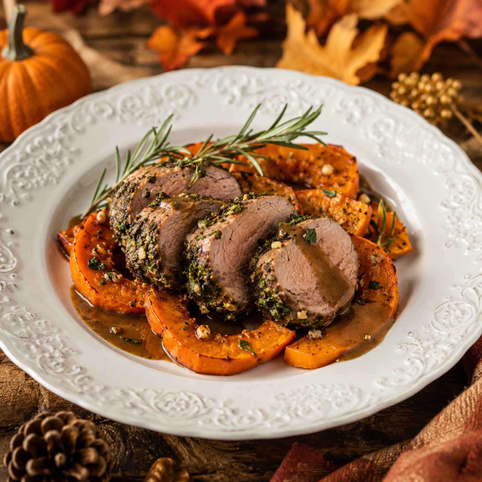 Wildschweinfilet im Kräutermantel mit gebackenem Hokkaido-Kürbis und Wildfondsoße