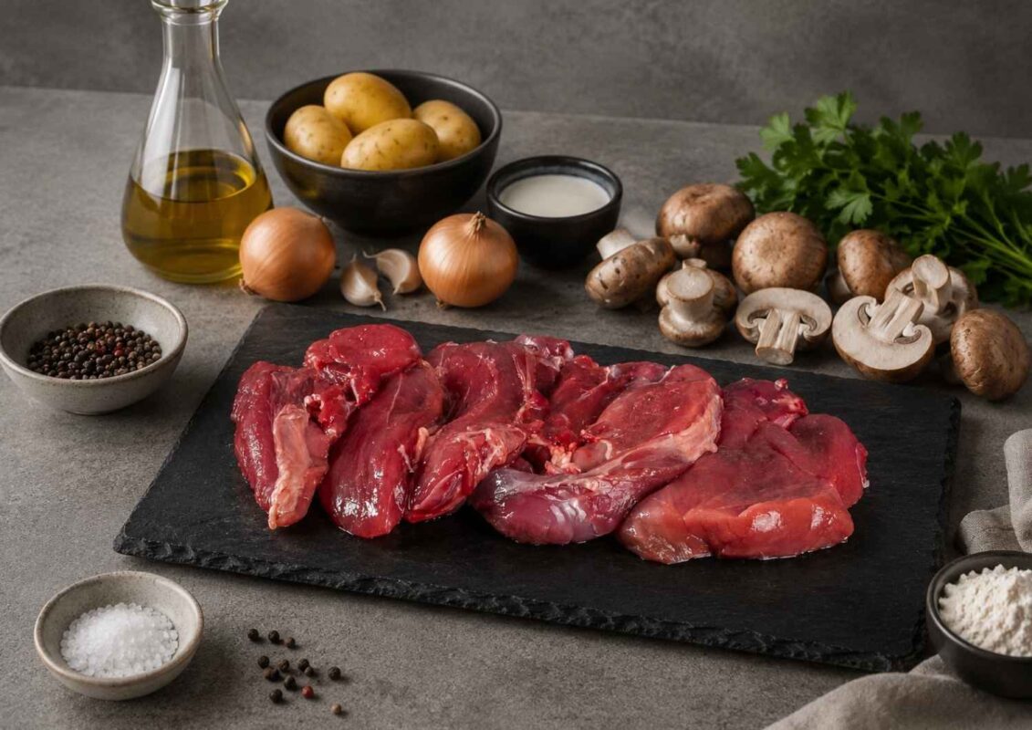 Zutaten für Wildschweinschnitzel natur mit Pilzrahmsauce: Schnitzel, Champignons, Kartoffeln, Zwiebeln, frische Kräuter