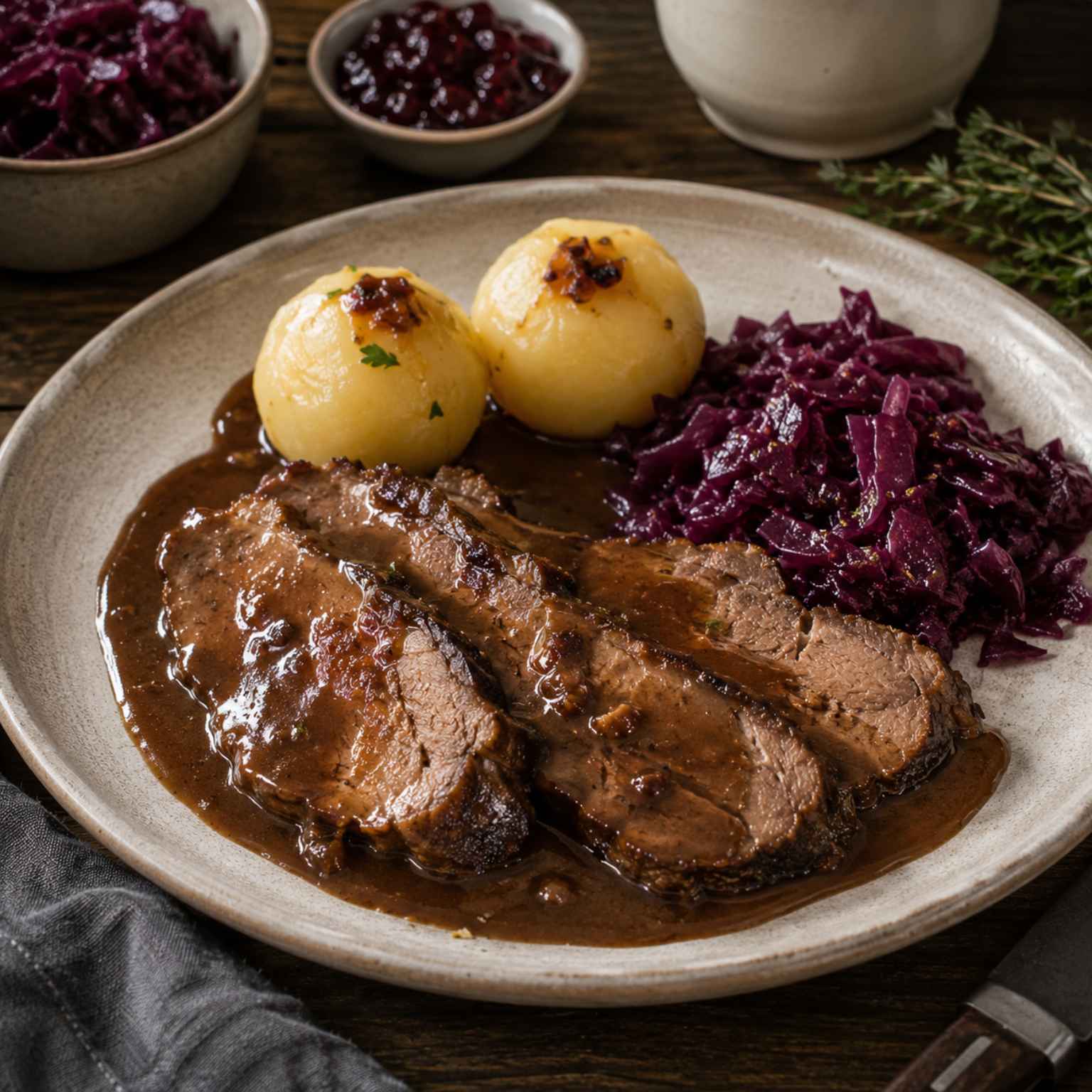 Geschmorte Wildschweinkeule mit Wildrahmsoße, Kartoffelklößen und Rotkohl – klassisches Wildrezept