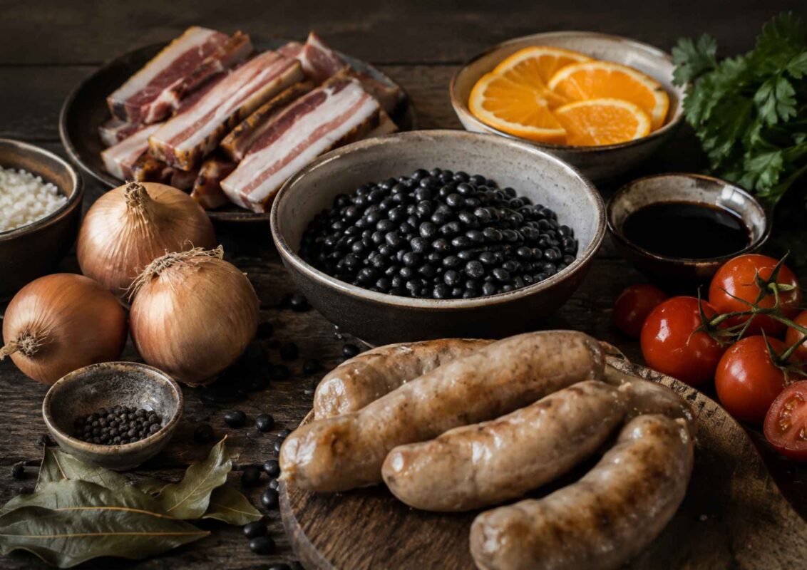 Zutaten für Feijoada mit Wildbratwurst – schwarze Bohnen, Wildschweinspeck, Zwiebeln, Reis, Orange und Lorbeer