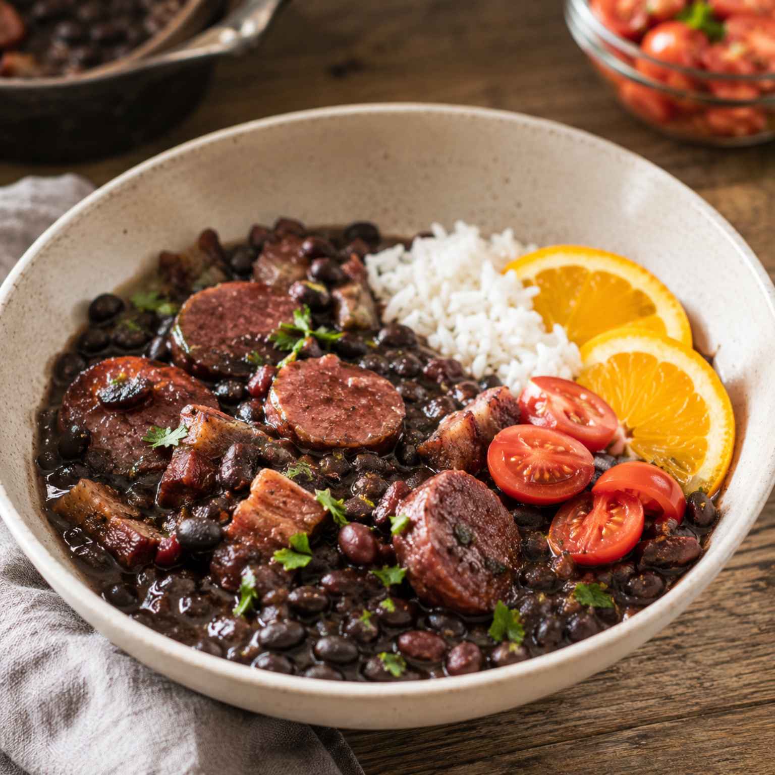 Brasilianische Feijoada mit Wildbratwurst, schwarzen Bohnen, Reis, Orangenscheiben und Tomaten