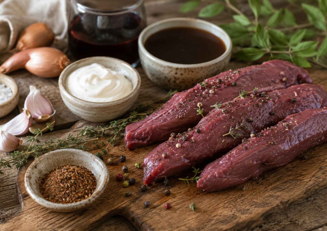 Zutaten angerichtet: Hirsch Filet, WildJaeger Gewürz, Schmand, Rotweinessig, Knoblauchzehen, Schalotten und frische Kräuter und Gewürze