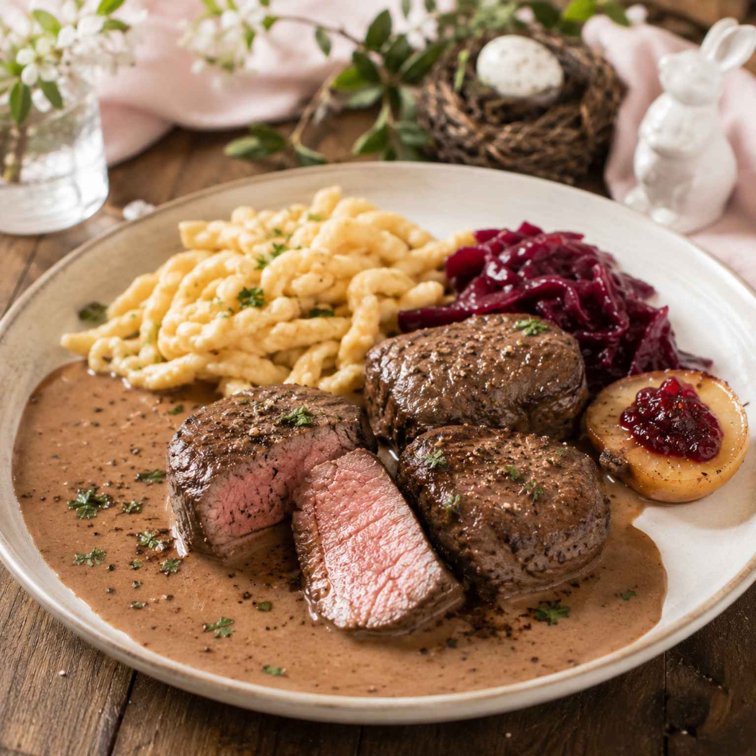gebratenes Hirsch Filet angerichtet auf einem Teller mit Rotkohl und Spätzle. Der Tisch ist Dekoriert mit osterlich frühlingshafter Dekoration.