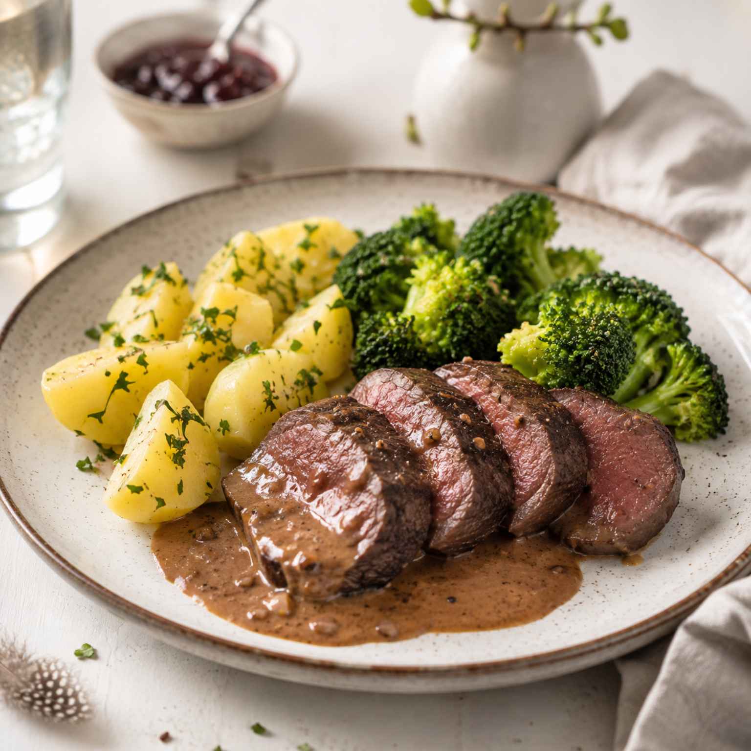 Reh Rückenfilet mit Rahmsauce, angerichtet auf einem Teller mit Kartoffeln und Brokkoli auf einem osterlich-frühlingshaft gedeckten Tisch.