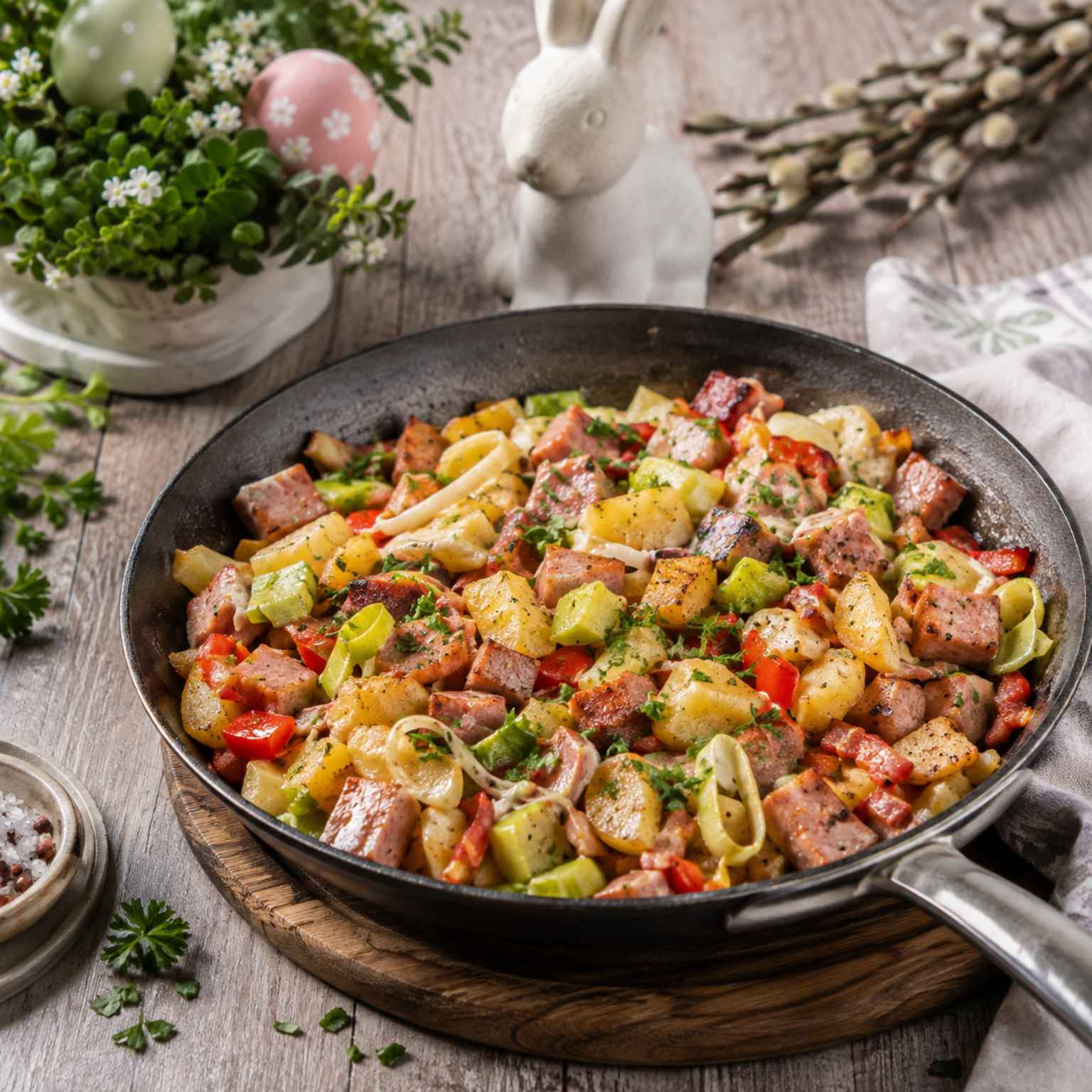 Wildfleischkäse in einer bunten Gemüsepfanne, auf einem Osterlich-frühlingshaft gedeckten Tisch