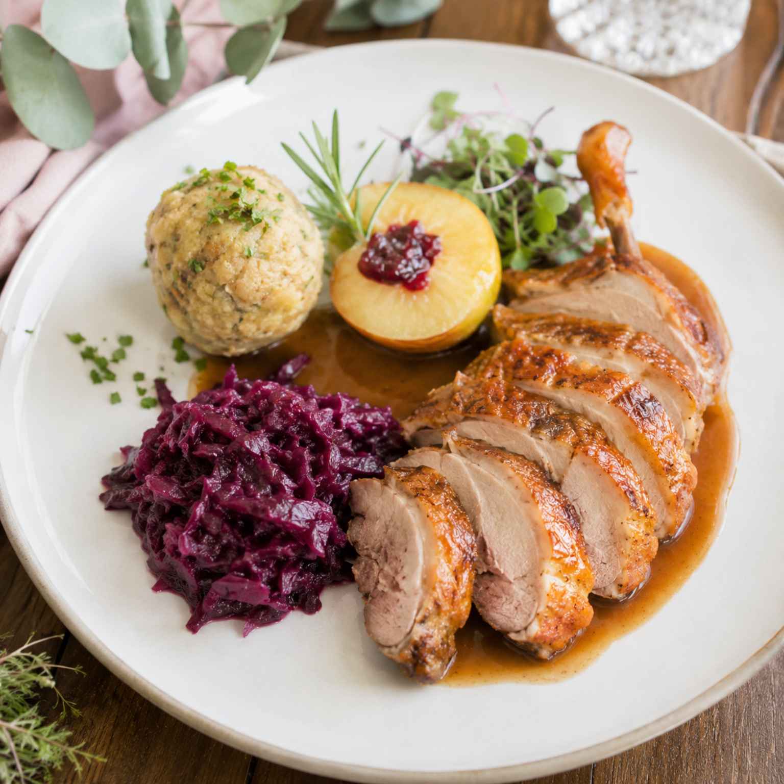Fasanbraten auf einem Teller mit Rotkraut, Semmelknödel und einem Pfirsich mit Konfitüre