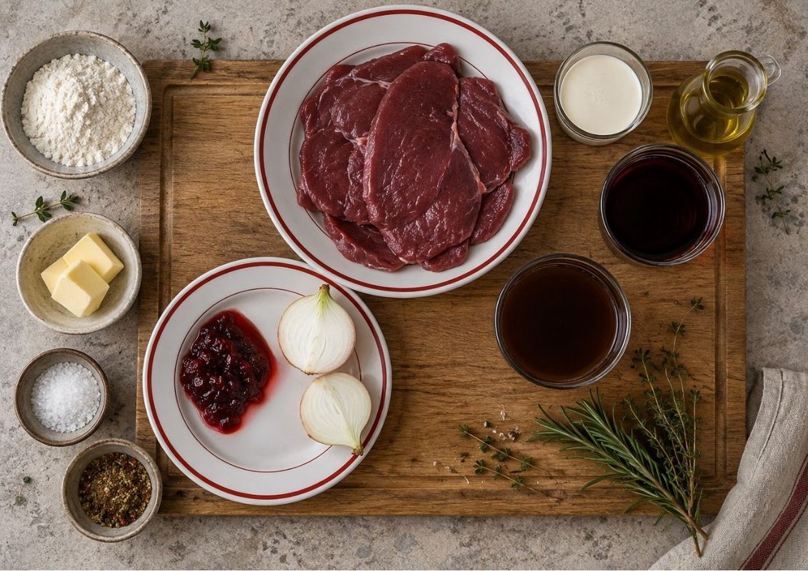 Zutaten für Rehschnitzel mit Preiselbeersauce: Mehl, Butter, Gewürze, Rotwein, Sahne, frische Kräuter