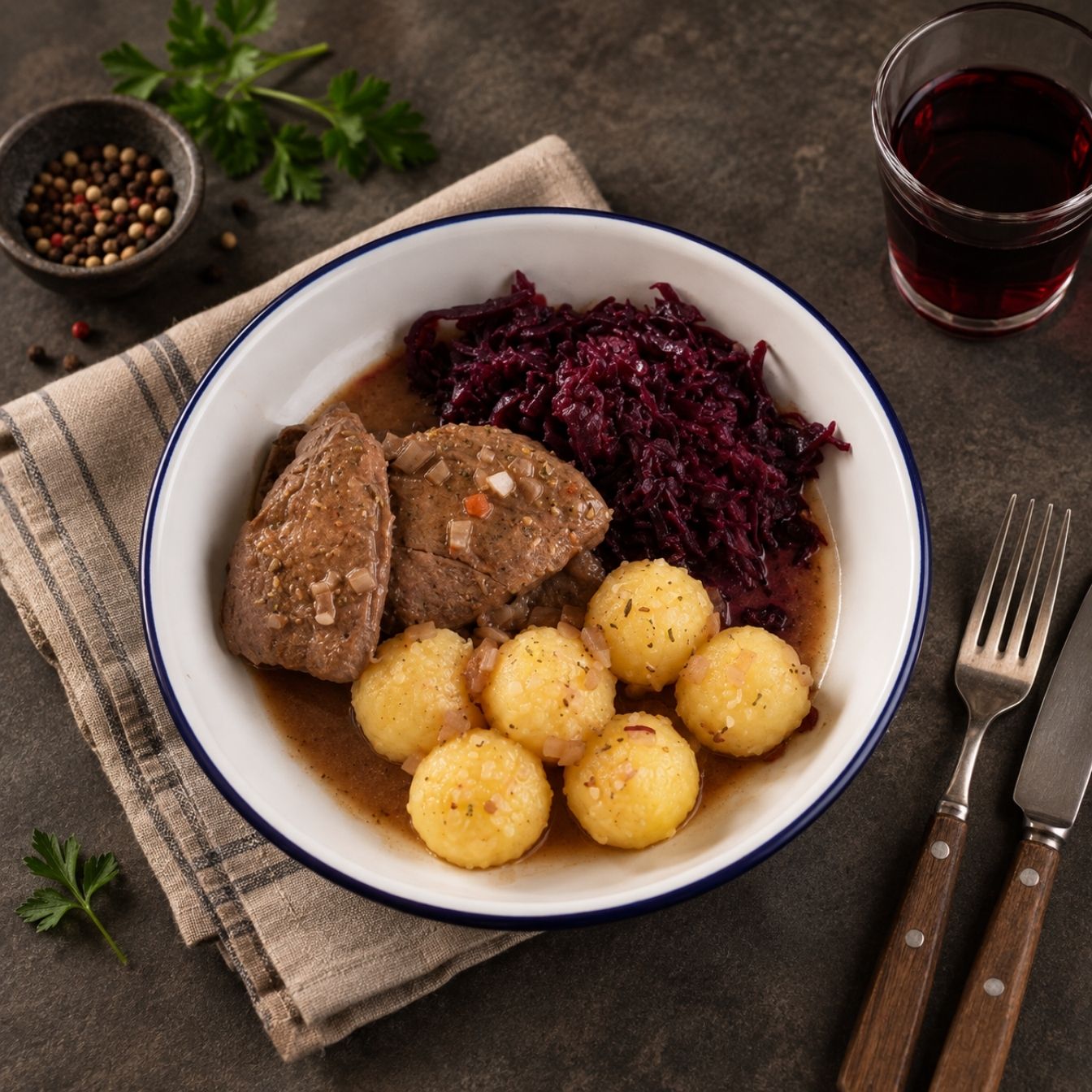 Reh Schnitzel mit Preiselbeersauce mit Rotkohl und Kartoffelknödeln auf einem Teller