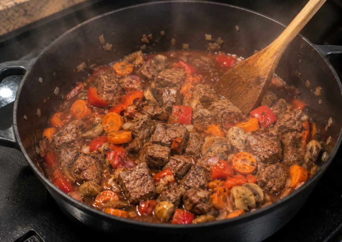 Wild Gulasch in der Pfanne selber machen mit Holzlöffel