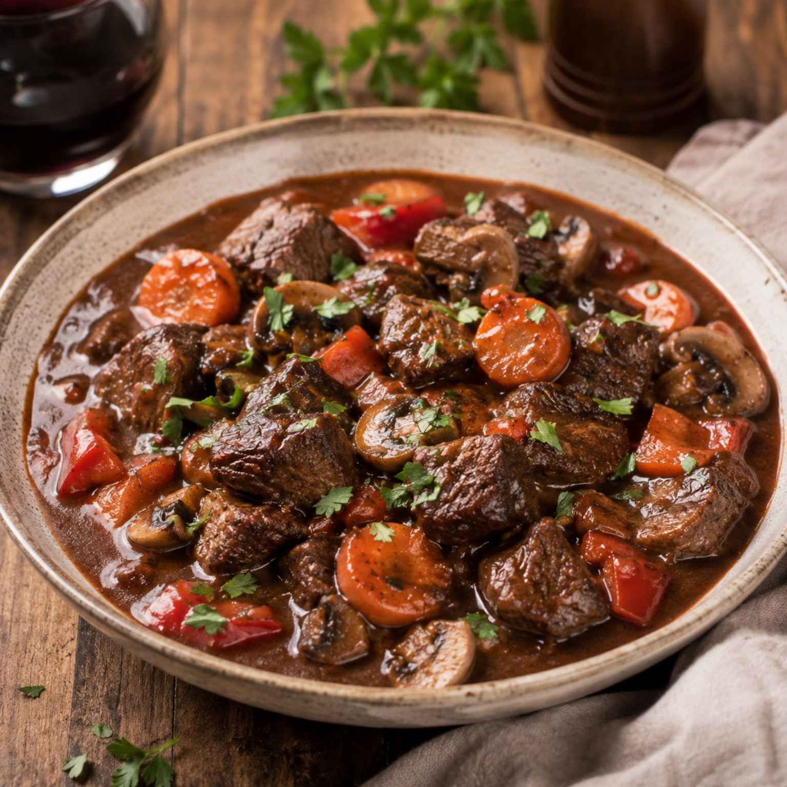 Wild Gulasch mit Paprika, Champignons und Karotten auf einem Teller angerichtet