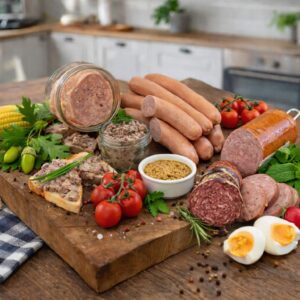 Wild Wurst Spezialitäten auf einem Tisch: Leberwurst, Wild Wiener, Jagdwurst, Dosenfleisch im Glas, Salami, Schinken