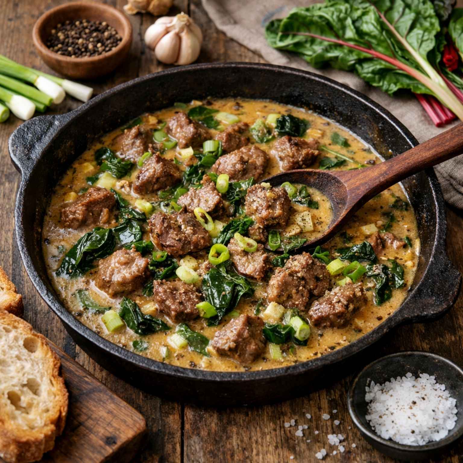 Rezeptfoto Wildgulasch mit Frühlingszwiebeln und Mangold