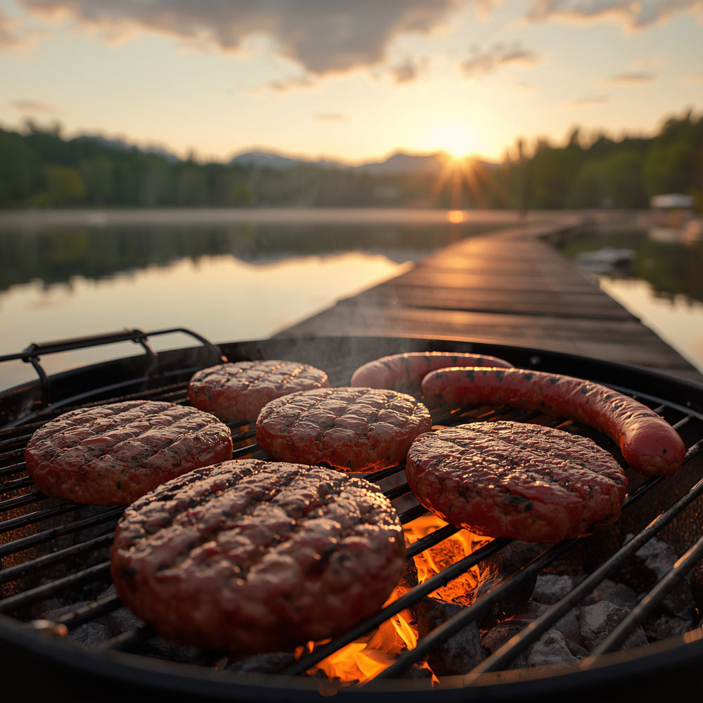 Wild Burger Patties, Wild Bratwurst auf dem Grill am See.