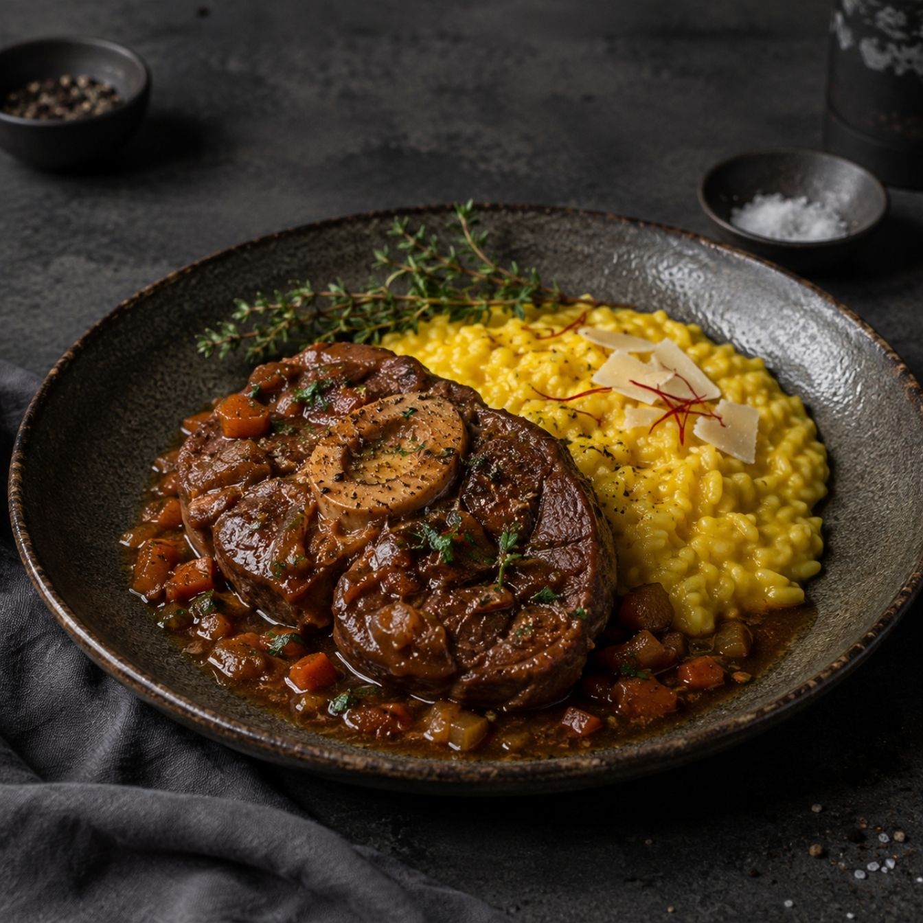Damwild-Ossobuco mit Safran-Risotto auf einem Teller angerichtet