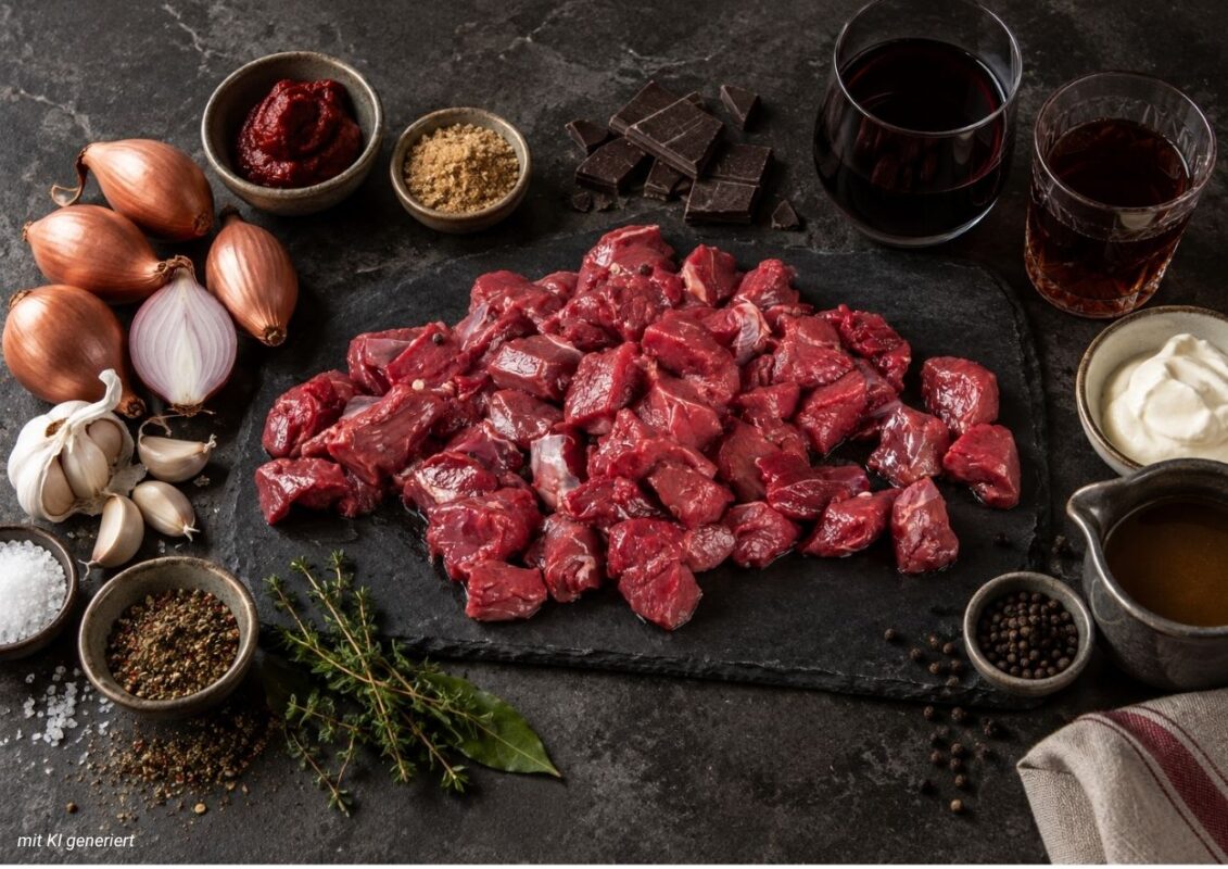 Zutaten für Hirsch Gulasch Rezept: roher Gulasch, Schalotten, Gewürze, frische Kräuter, Portwein, Rotwein, Mehl und frische Kräuter