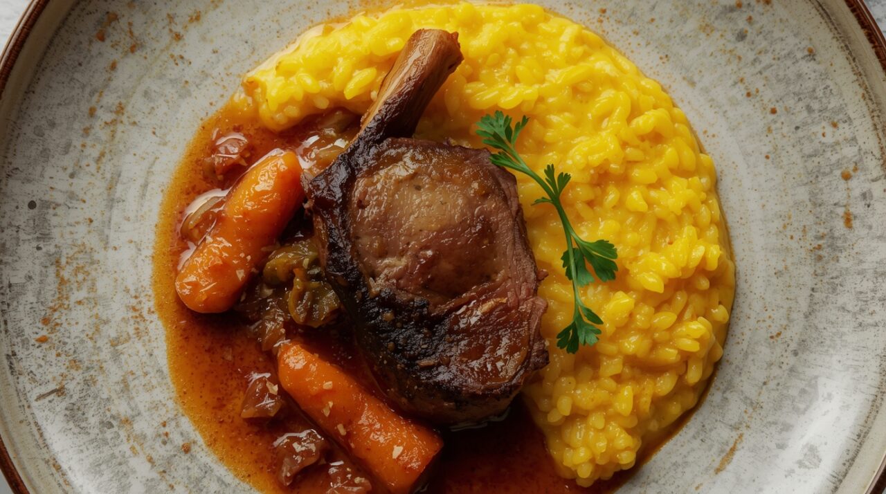 Ossobuco angerichtet auf einem Teller mit Risotto und Gemüse