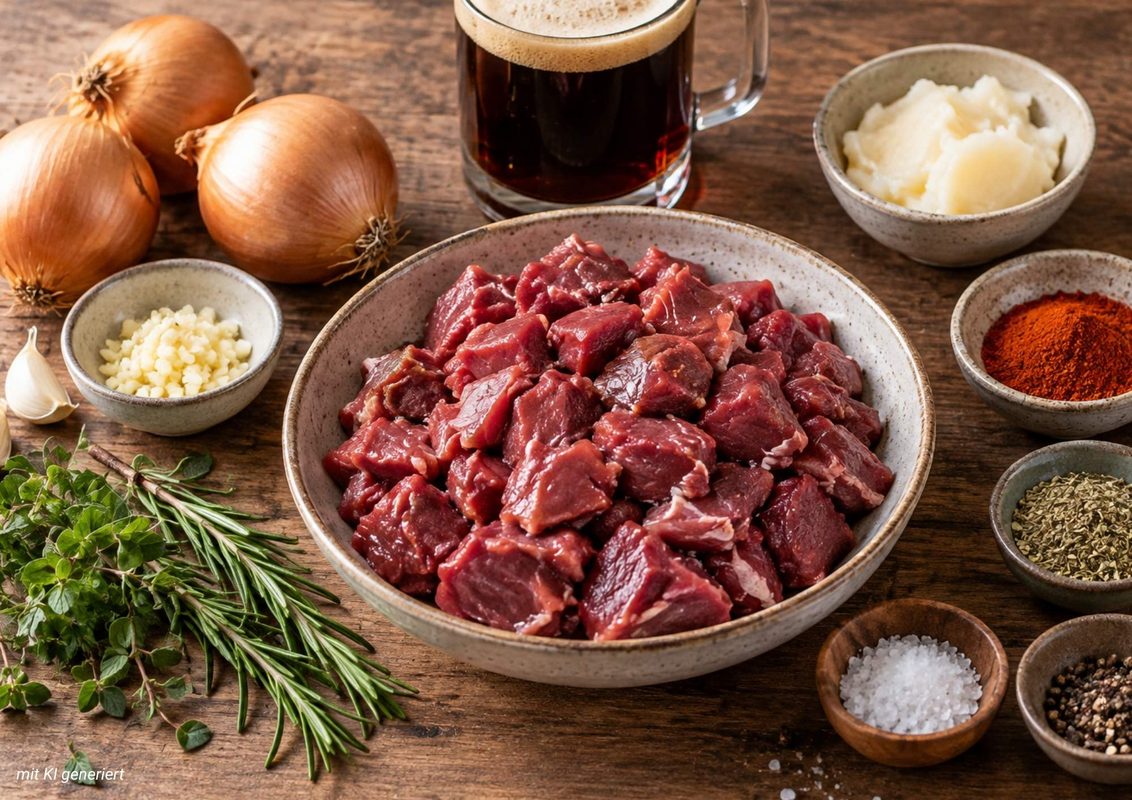 Zutaten für Wildschwein Gulasch: Paprika Pulver, Knoblauch, Salz, Pfeffer, frische Kräuter, dunkles Bier und Zwiebeln