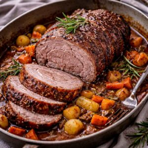 Rezeptfoto Wildschwein Rollbraten mit Wurzelgemüse, Rotwein und WildJaeger Gewürz zum Nachkochen