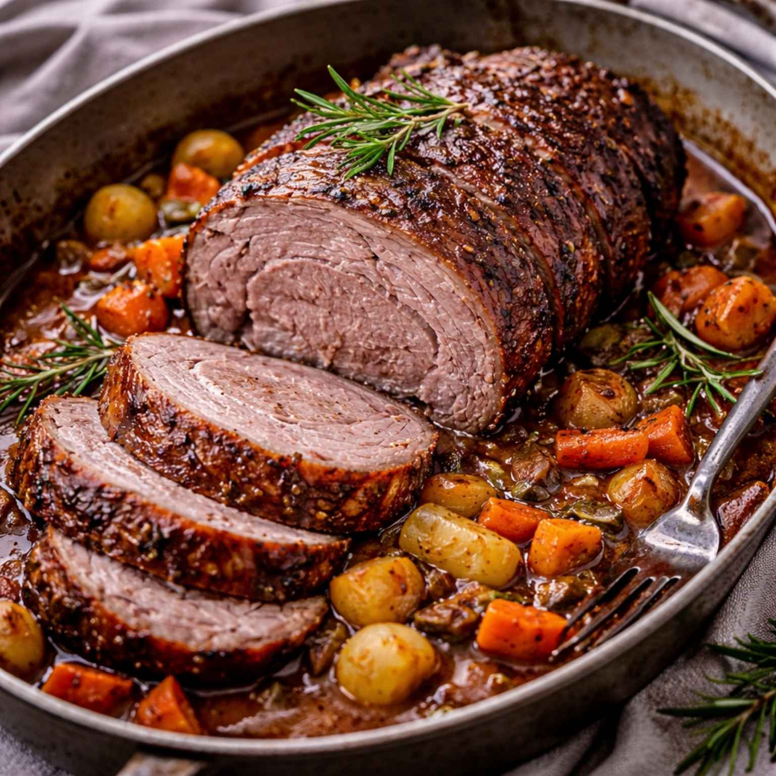 Rezeptfoto Wildschwein Rollbraten mit Wurzelgemüse, Rotwein und WildJaeger Gewürz zum Nachkochen