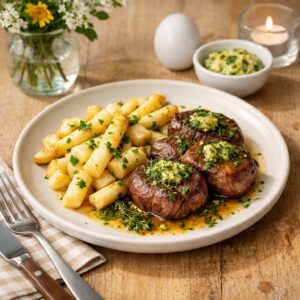 Rezept Rehmedaillons mit gebratenem weißen Spargel & Kräuterbutter von WildJaeger