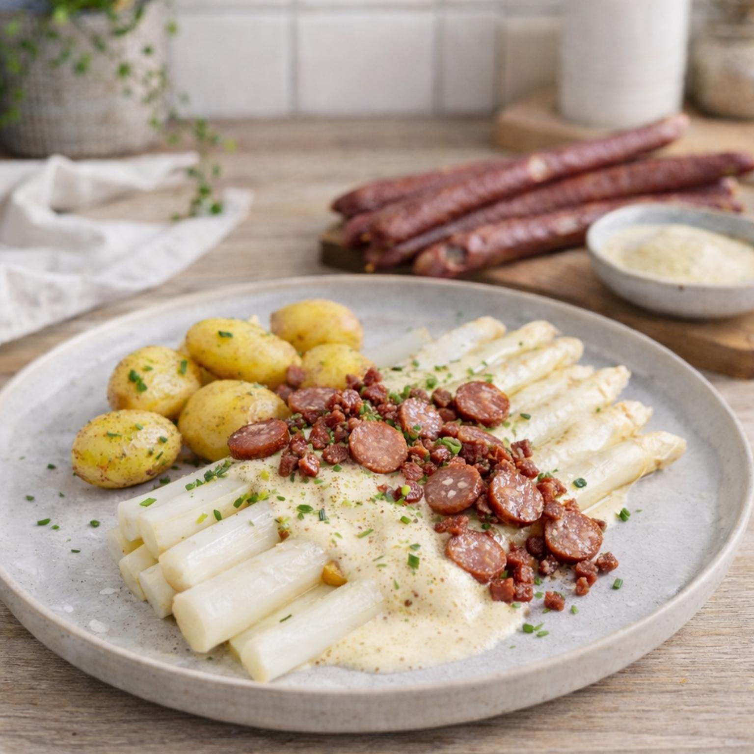 Rezept: Spargel mit Wildknacker Crunch, Kartoffeln und Senfschaum von WildJaeger