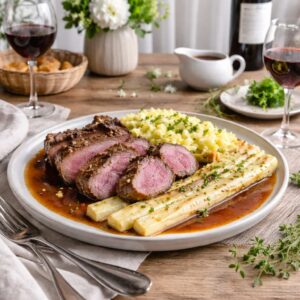 Wildschweinrücken am Knochen mit Ofenspargel und Jus – elegantes Spargelgericht mit Wild