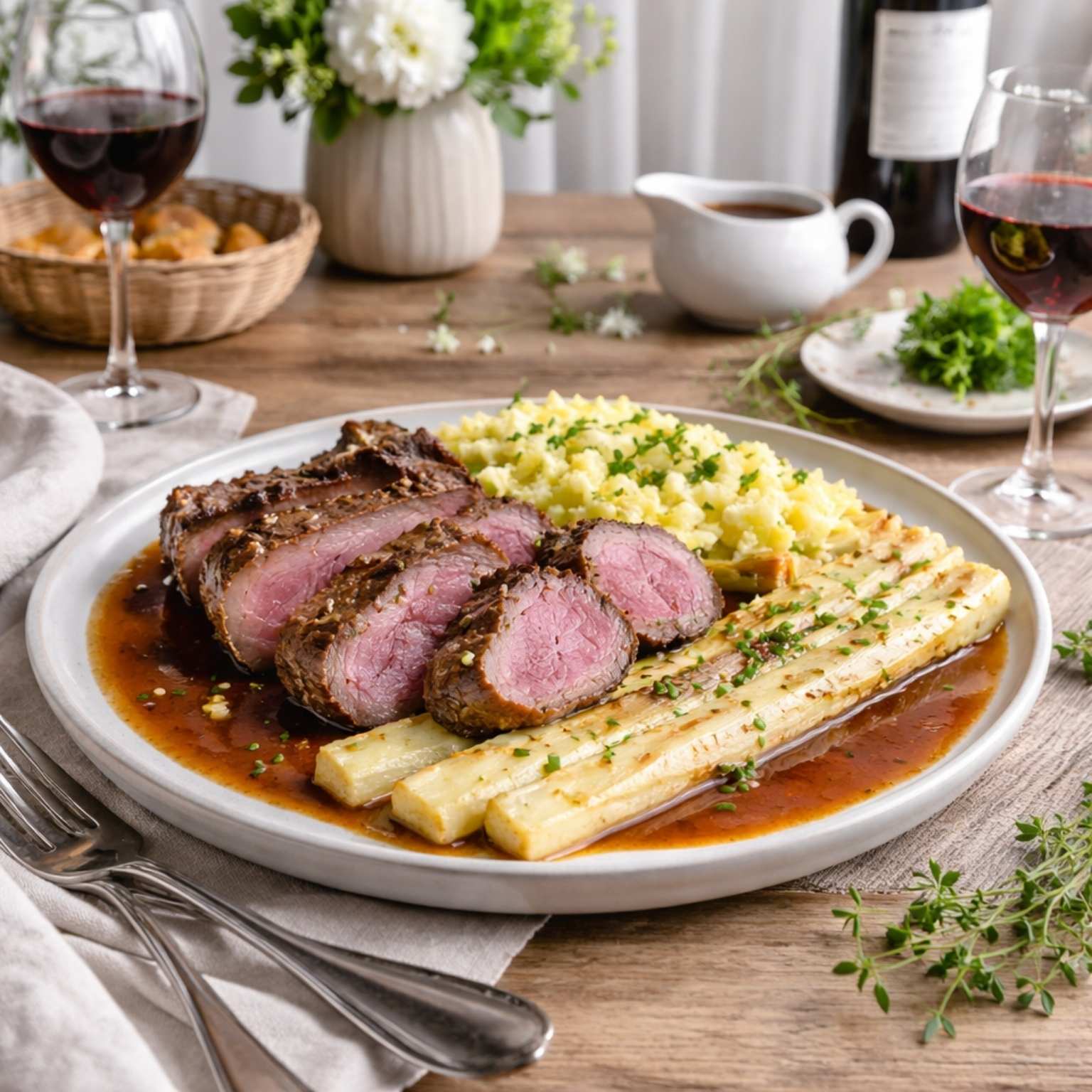 Wildschweinrücken am Knochen mit Ofenspargel und Jus – elegantes Spargelgericht mit Wild