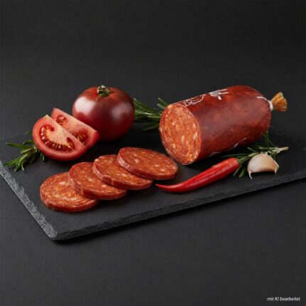 Wild Salami nach Chorizo Art auf einer schwarzen Schiefertafel mit einer aufgeschnittenen Tomate, Knoblauch und einer Chilischote.