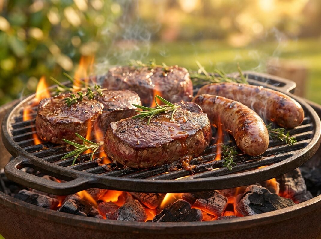 Wildsteaks und Bratwurst mit Rosmarin auf dem Grillrost über glühender Holzkohle