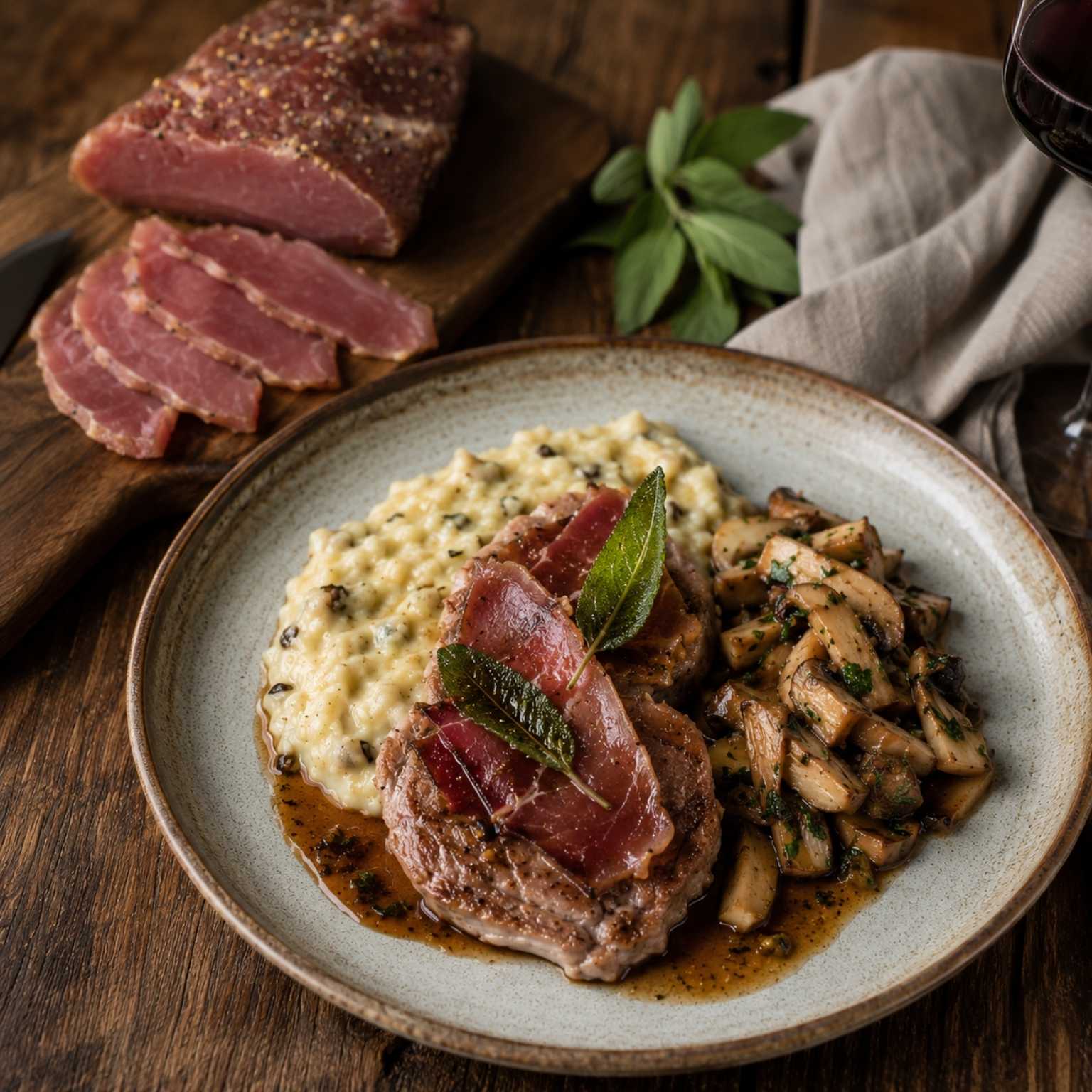 Reh Saltimbocca mit Rehschinken und Salbei, angerichtet mit Polenta und gebratenen Pilzen