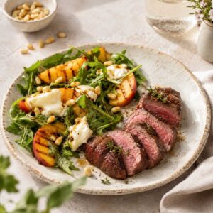 Rehrückenfilet mit Pfirsich-Rucola-Salat