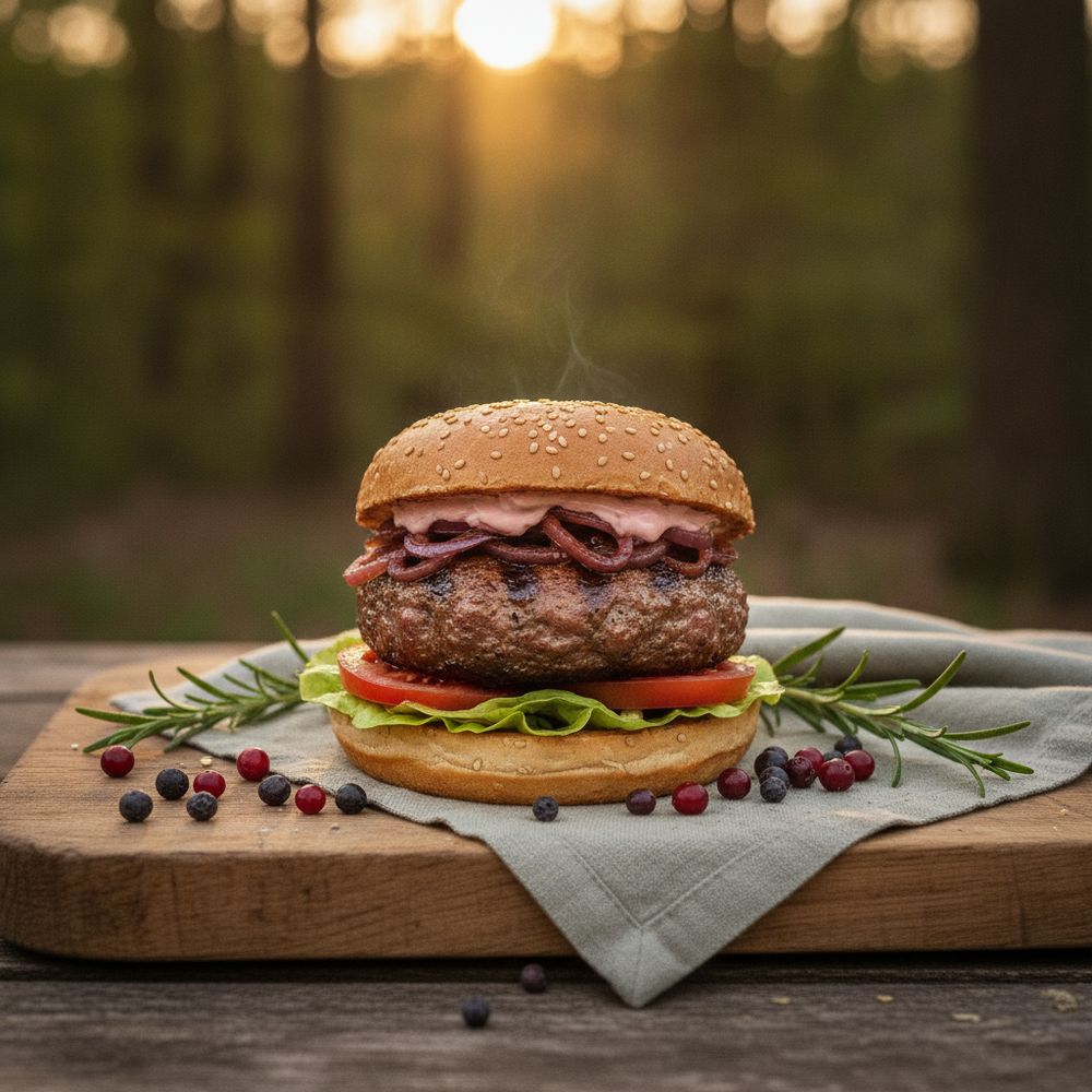 Wild Burger auf einem Tisch mit frischen Kräutern als Deko, im Hintergrund sieht man verschwommen einen Wald bei untergehender Sonne.