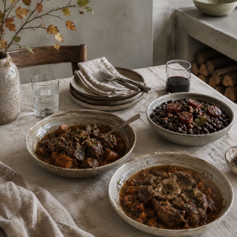 Wild Gulasch, Wild Ossobuco und Wild Feijoada angerichtet auf einem herbstlichen Tisch.