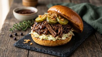 Wildschwein Pulled Burger im Brioche-Bun mit gezupftem Wildschweinnacken, Coleslaw, Gewürzgurken und Röstzwiebeln