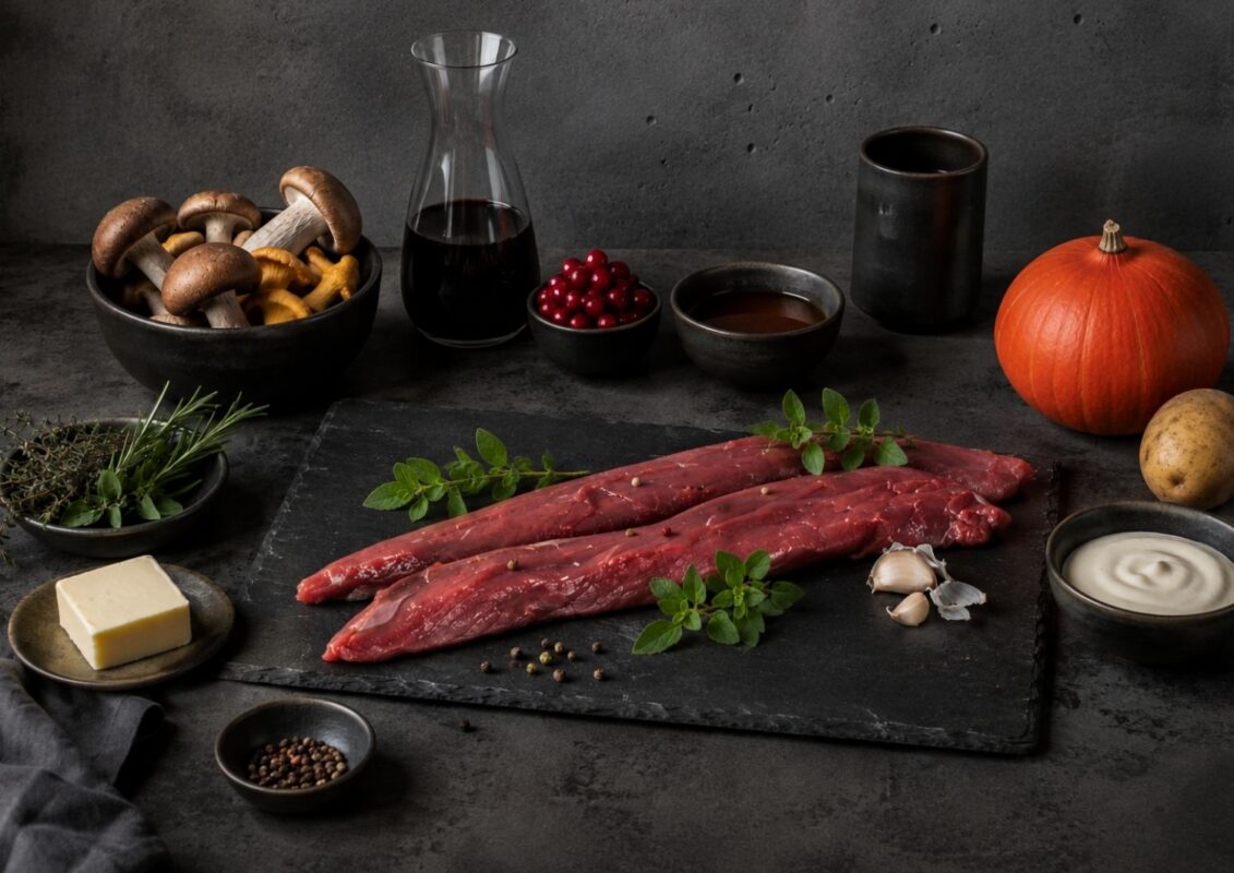 Zutaten für Damwildfilet herbstlich zubereiten – mit Kürbispüree, Waldpilzen und Preiselbeer-Rotwein-Jus