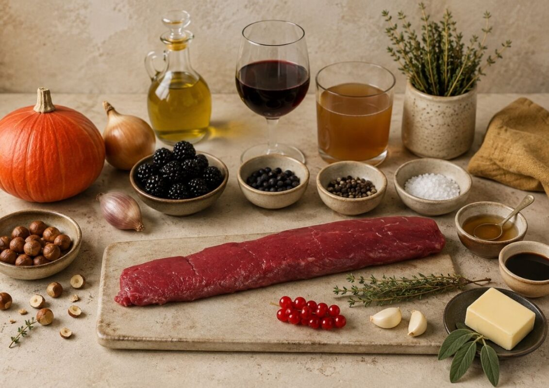 Zutaten für Rehrücken Filet mit Ofenkürbis, Brombeer-Wacholder-Jus und Salbeibutter