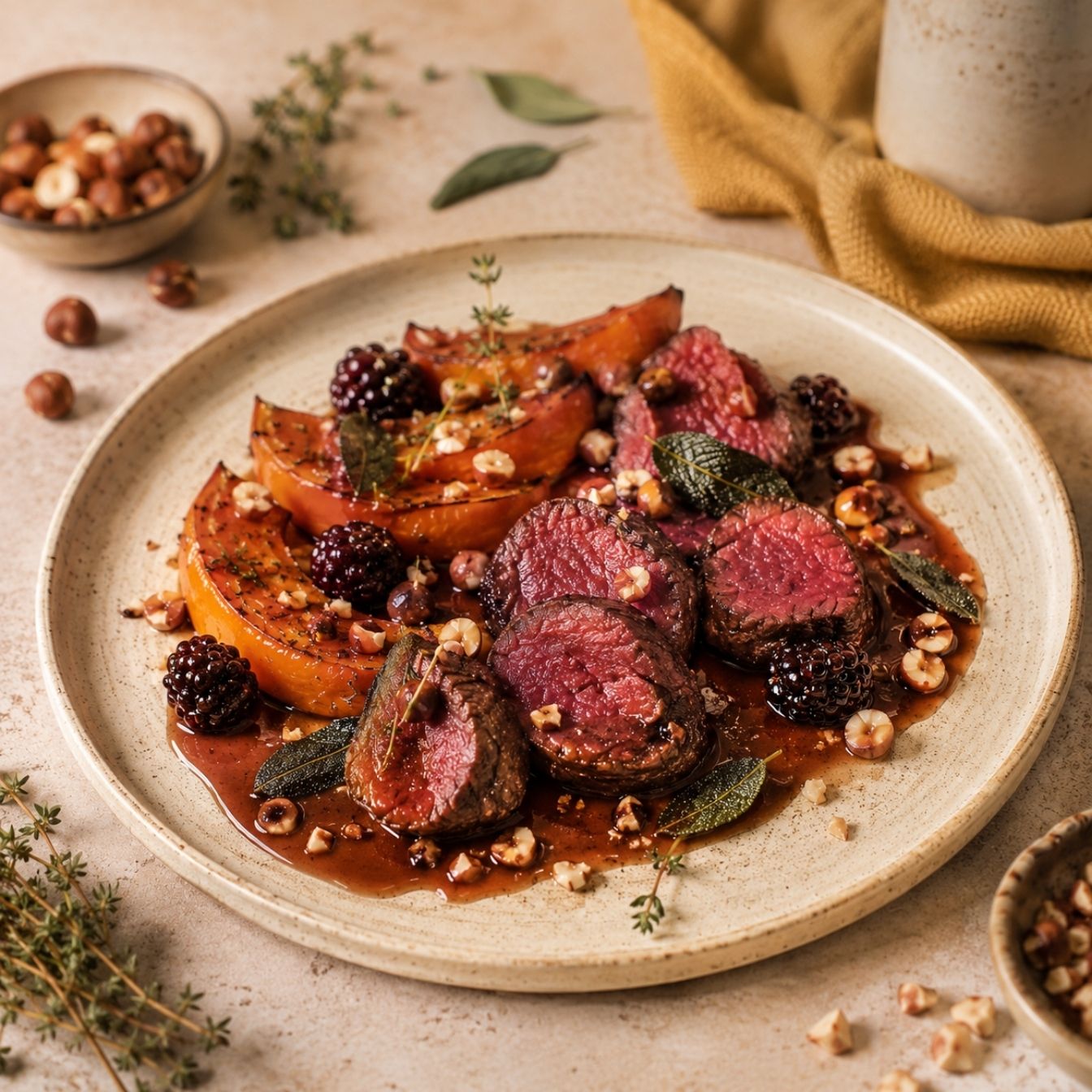 gebratenes Reh Rückenfilet mit Ofenkürbis, Brombeer-Wacholder-Jus und Salbeibutter angerichtet auf einem Teller.