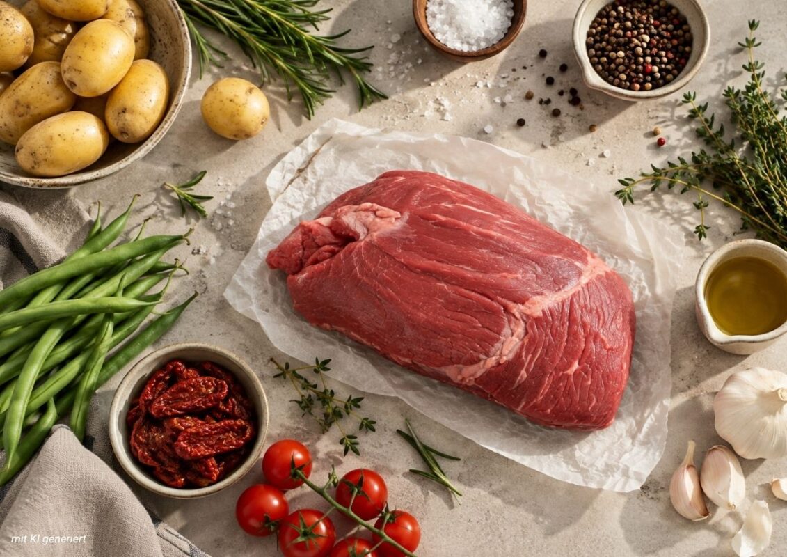 Zutaten für Roast Beef vom Rind: Fleisch, getrocknete Tomaten, grüne Bohnen, Kartoffeln, frische Kräuter und Gewürze, Knoblauch